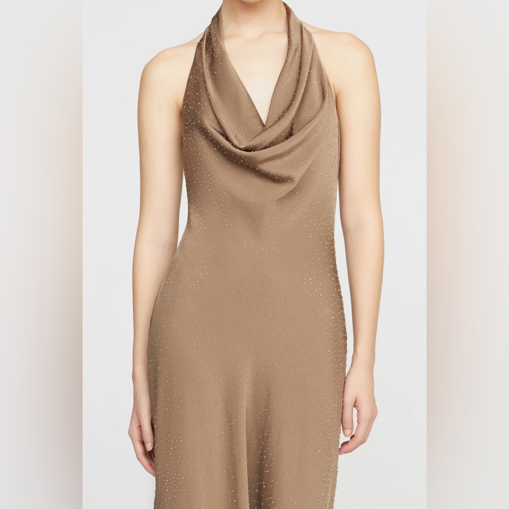 Halston Sid Satin Brown Sparkle Cowl Halter Maxi Dress
